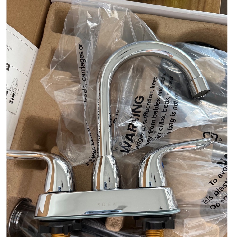 Soka Chrome Bathroom Sink Faucet Two Handle Goose Neck Assembly Brand New In Box - Picture 3 of 15